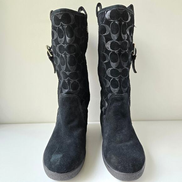 Coach Tullip Signature Print Suede Black Leather Fleece Winter Boots Womens 7 B - Picture 2 of 16